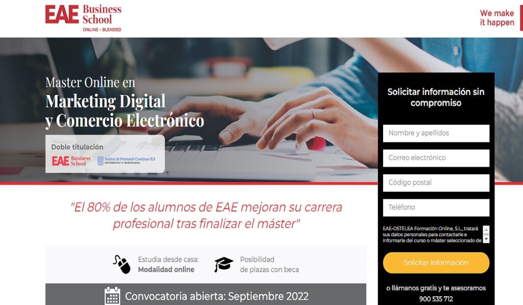 Página web de inicio del Máster en Marketing Digital de la EAE