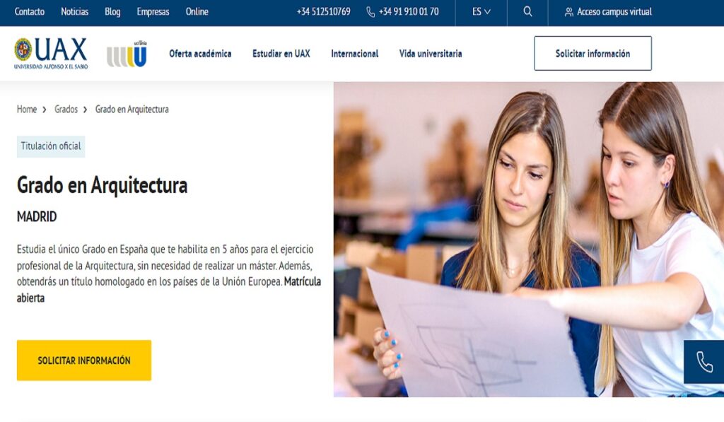 Página web de la Carrera de Arquitectura en la Universidad Alfonso X El Sabio
