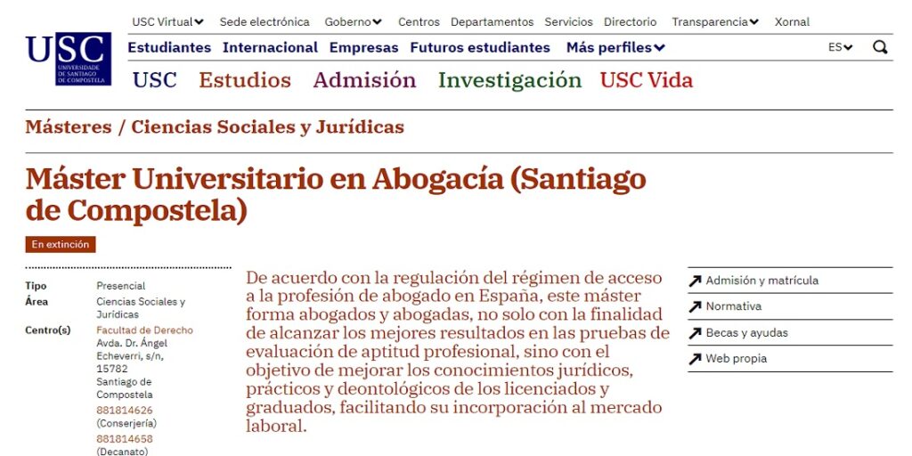 Universidad Santiago de Compostela: Dicta Máster de Derecho en España (Abogacía)